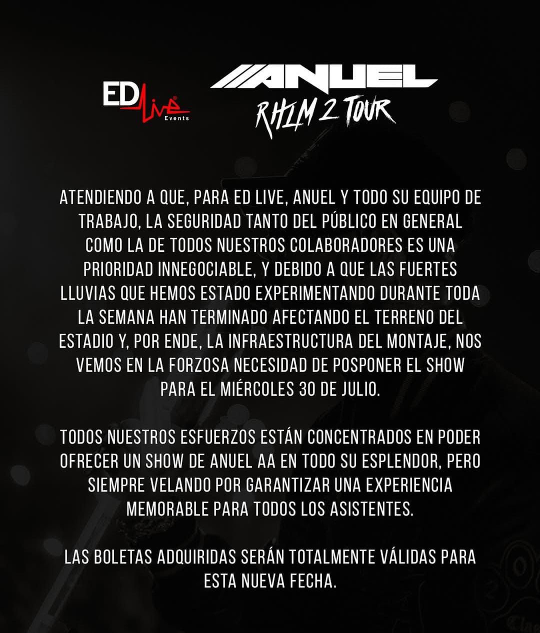 Anuncio posposición concierto por mal tiempo.